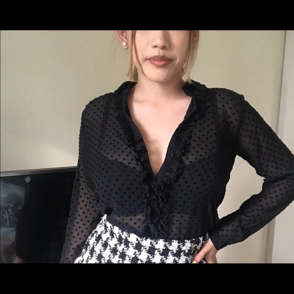 Zara Black Mesh Polka dot Button down shirt